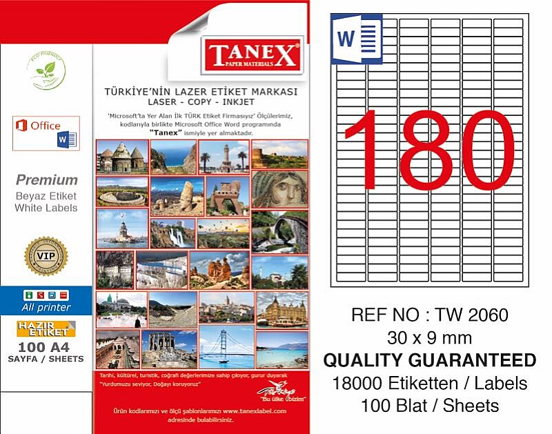 TANEX 2060 LASER ETİKET 30x9mm 180x100 18000 ADET