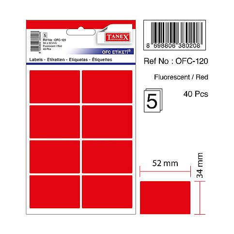 TANEX OFC-120 FLORESAN ETİKET KIRMIZI POŞET - 1