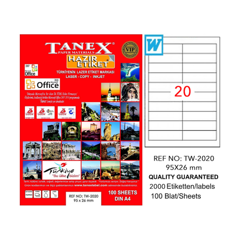 TANEX 2020 LASER ETİKET 26x95mm 20x100 2000 ADET - 1