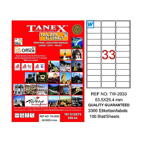 TANEX 2033 LASER ETİKET 63x25mm 33x100 3300 ADET - 1