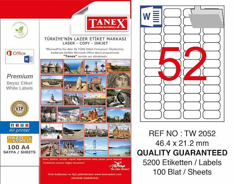 TANEX 2052 LASER ETİKET 46x21mm 52x100 5200 ADET