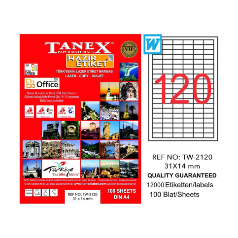 TANEX 2120 LASER ETİKET 31x14mm 20x100 2000 ADET - 1