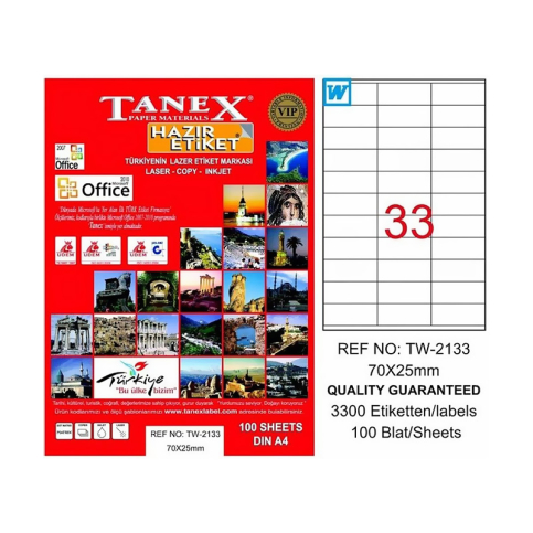 TANEX 2133 LASER ETİKET 70x25mm 33x100 3300 ADET - 1