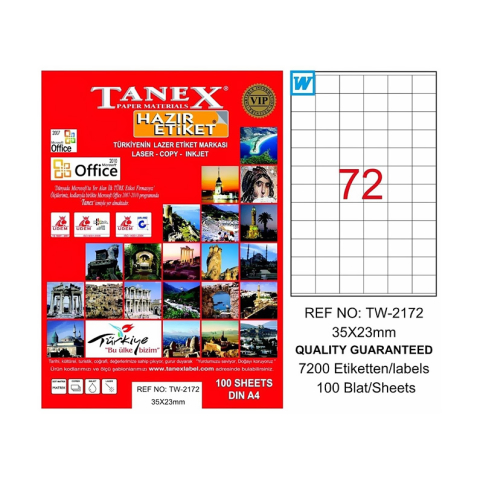 TANEX 2172 LASER ETİKET 35x23mm 72x100 7200 ADET - 1