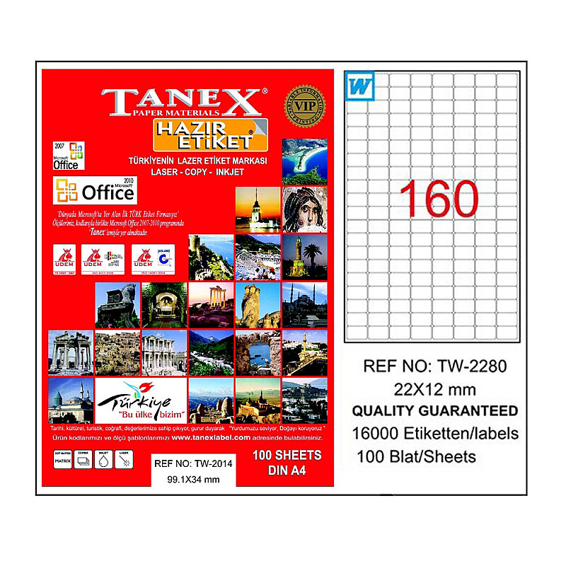 TANEX 2280 LASER ETİKET 22x12mm 160x100 16000 ADET