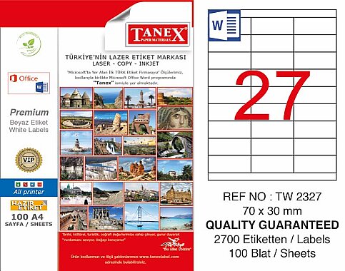 TANEX 2327 LASER ETİKET 70x30mm 27x100 2700 ADET - 2