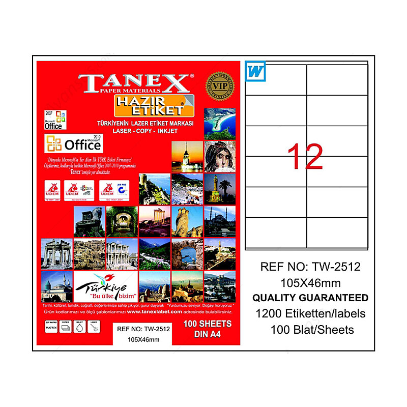 TANEX 2512 LASER ETİKET 105x46mm 12x100 1200 ADET