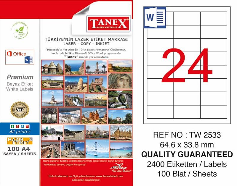 TANEX 2533 LASER ETİKET 64x33mm 24x100 2400 ADET