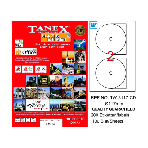 TANEX 3117 LASER CD ETİKETİ 117mm 2x100 200 ADET - 1
