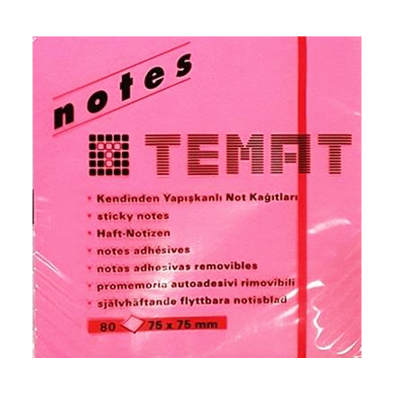 TEMAT 10612 YAPIŞKANLI NOT KAĞIDI 75x75 80 YAPRAK FOSFORLU PEMBE